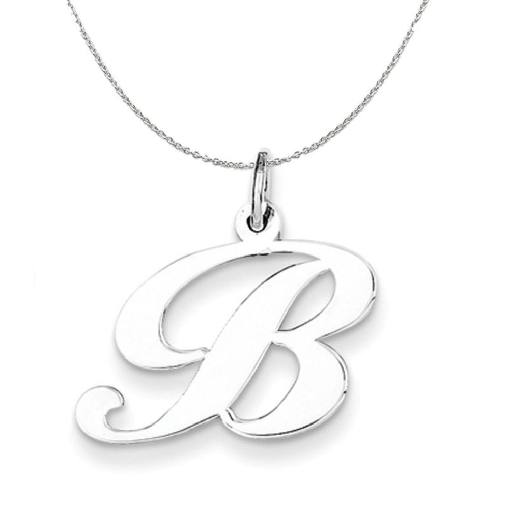 Silver, Ella Collection Medium Fancy Script Initial B Necklace - 16 In